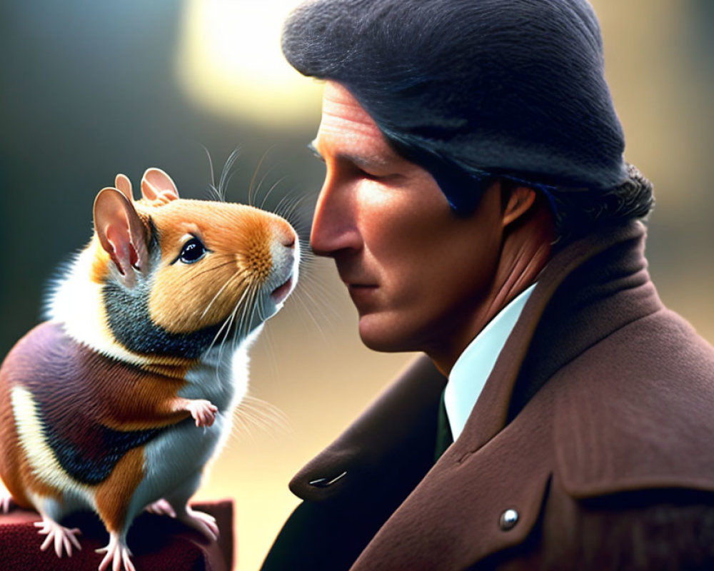 Vintage man in hat and coat meets colorful rodent in soft background