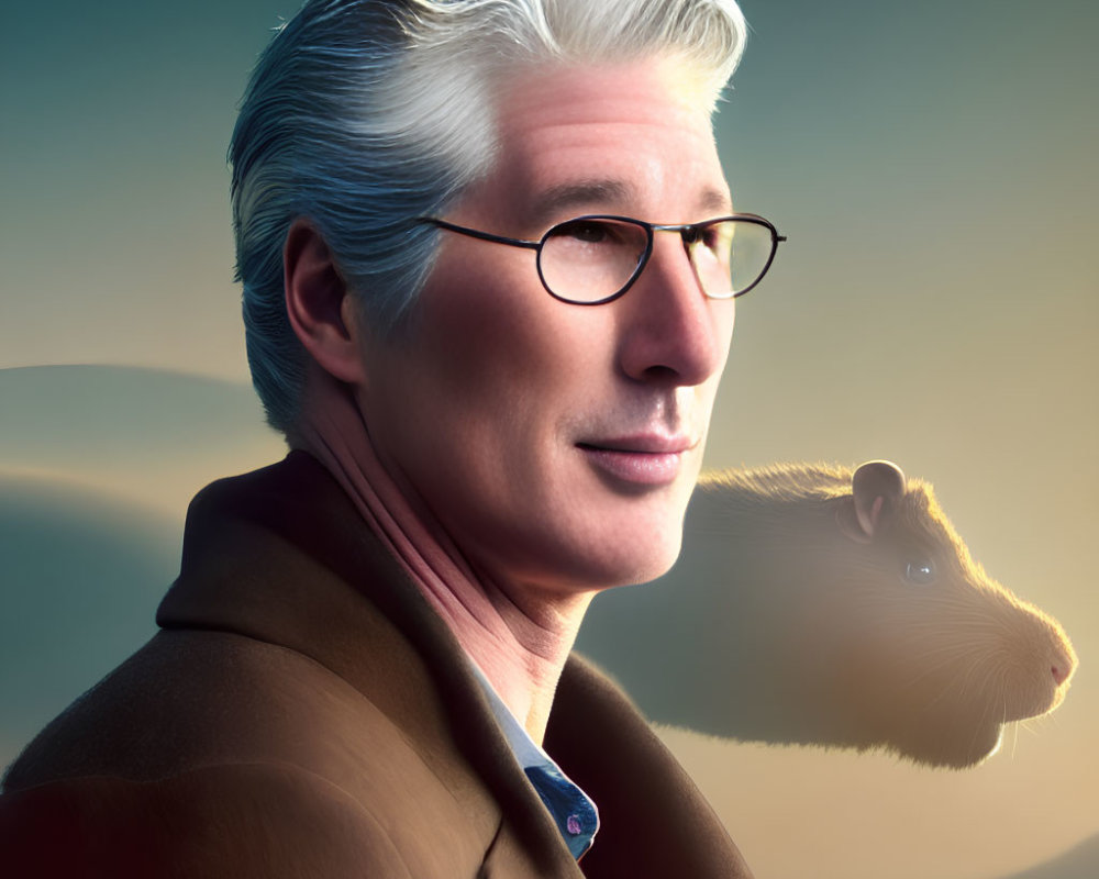 Human with Guinea Pig Face, Silver Hair, Glasses, Brown Coat