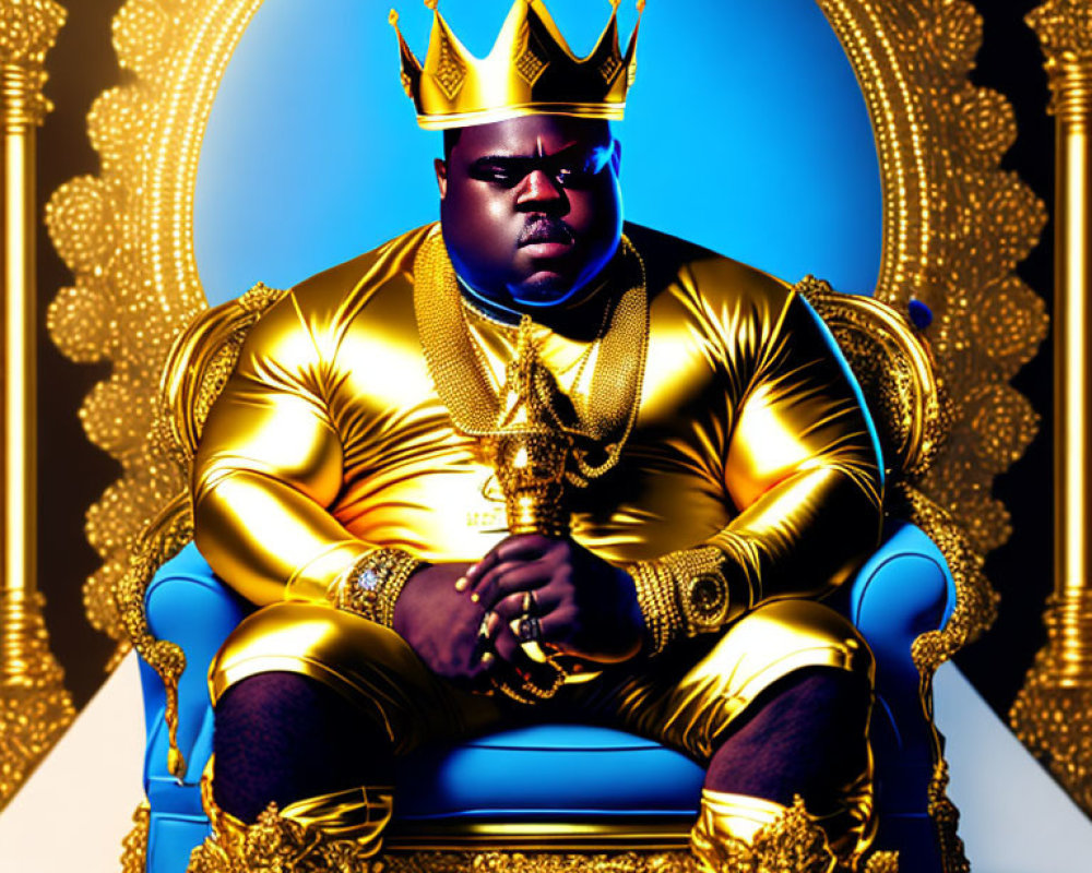 Digital artwork of a king with crown and golden regalia on ornate throne