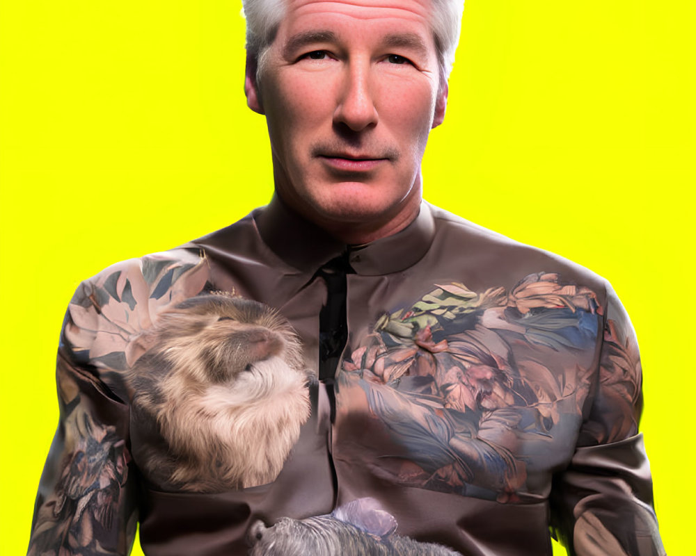 Silver-Haired Man Holding Sleeping Cat in Floral Shirt on Yellow Background
