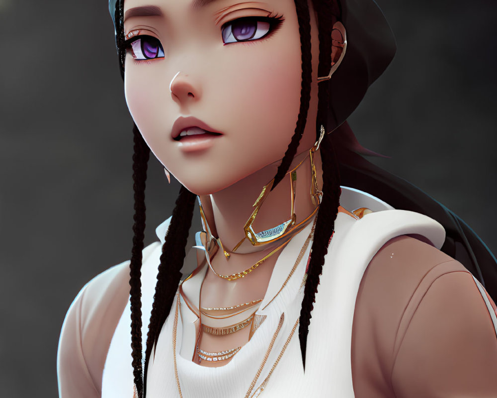 Stylized female character with purple eyes and gold necklaces in digital art