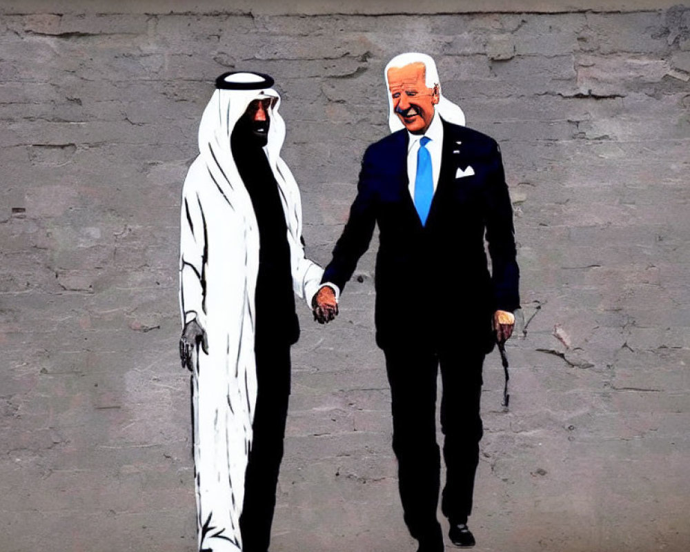 Stylized figures of political leaders shaking hands in Arab attire and blue suit against gray wall.