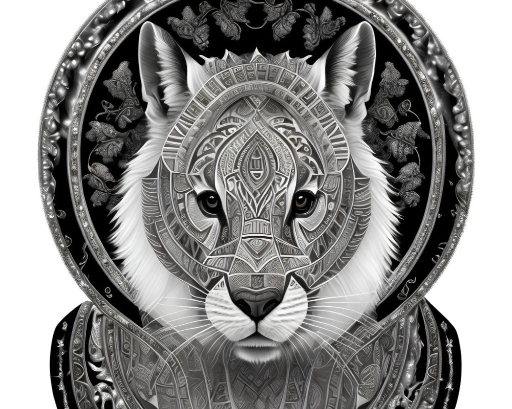 Monochromatic Tiger Head Illustration with Ornate Floral Motifs