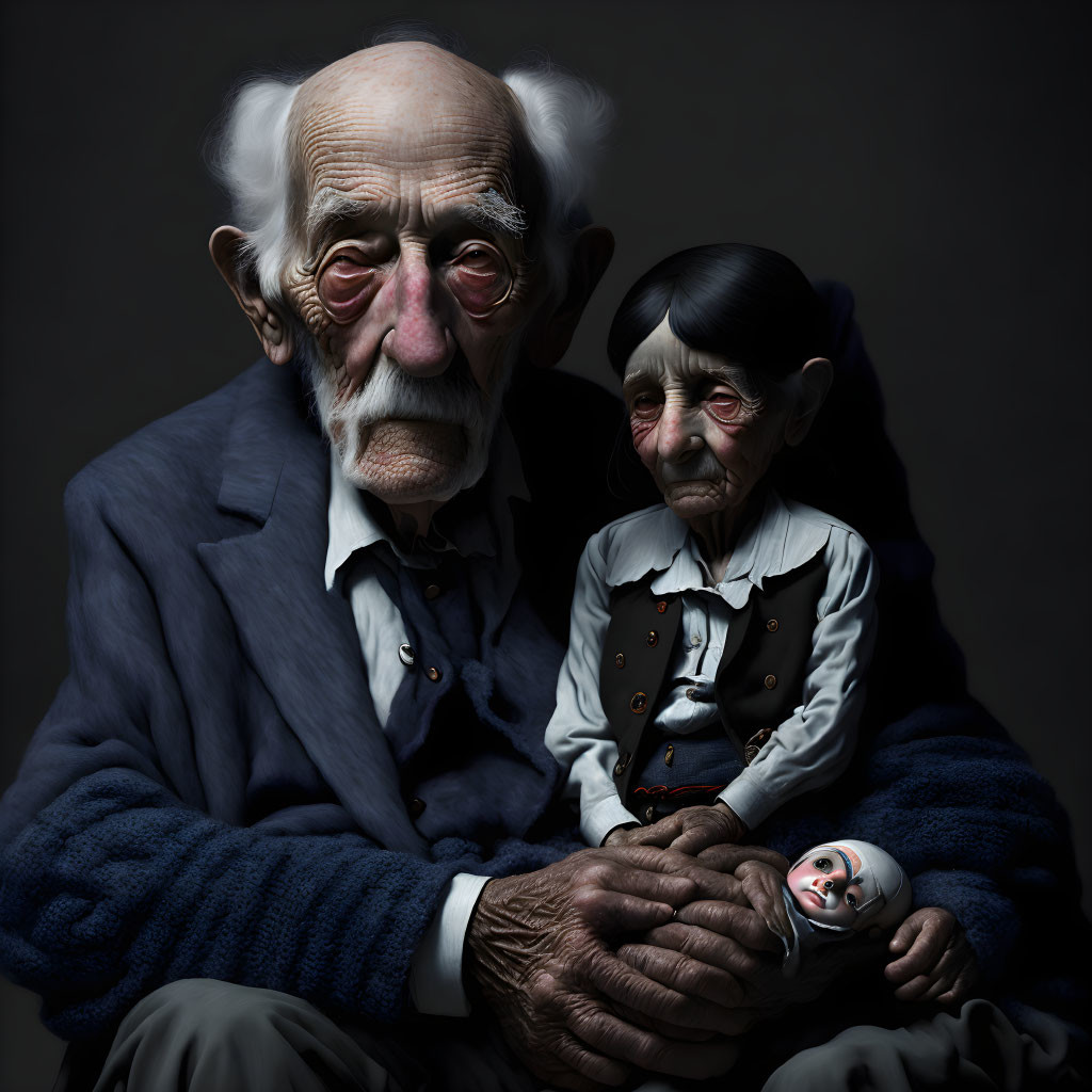 Elderly couple in blue sweater and dress with clown-faced figurine