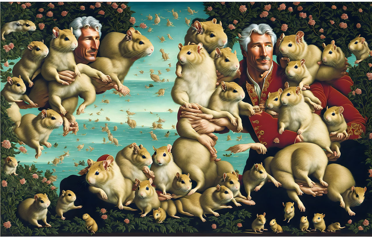 Vibrant illustration of man with squirrels on floral backdrop