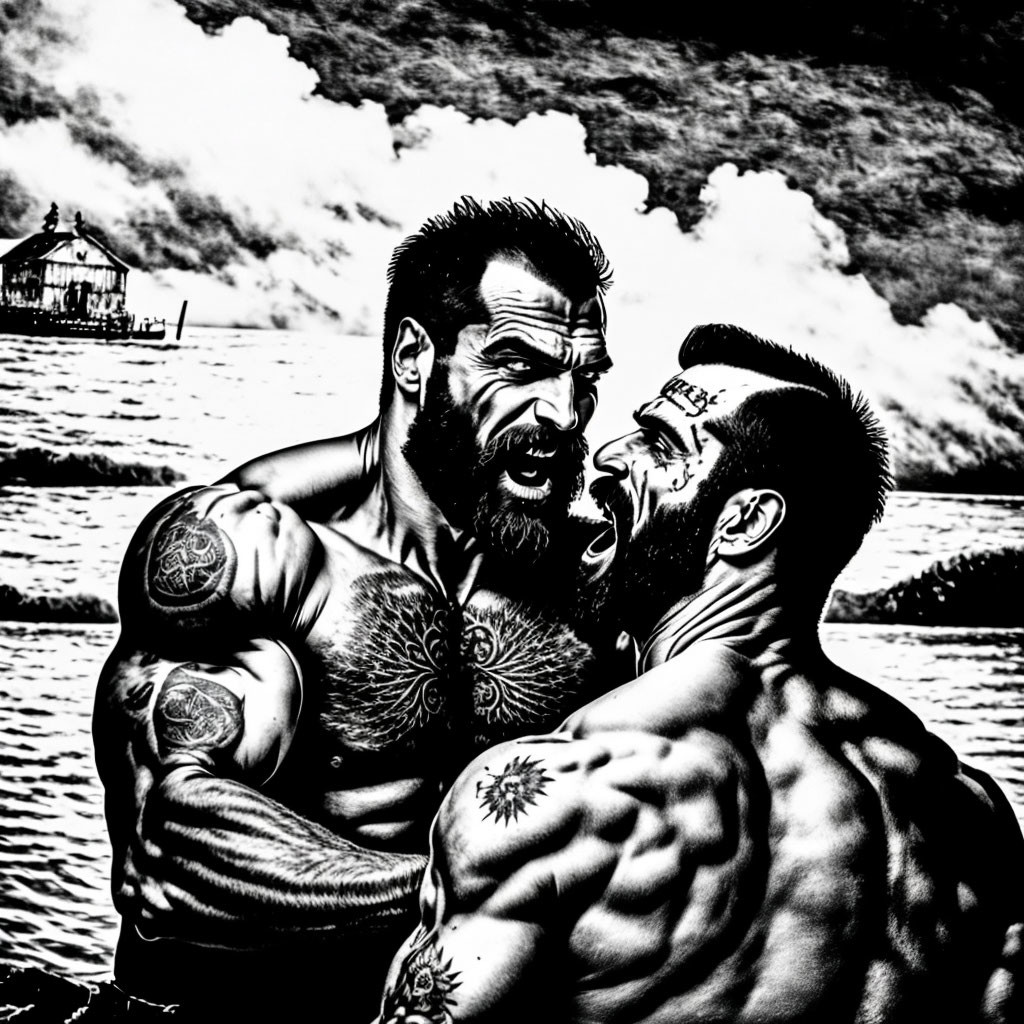 Muscular tattooed men in intense confrontation on beach with hut and clouds
