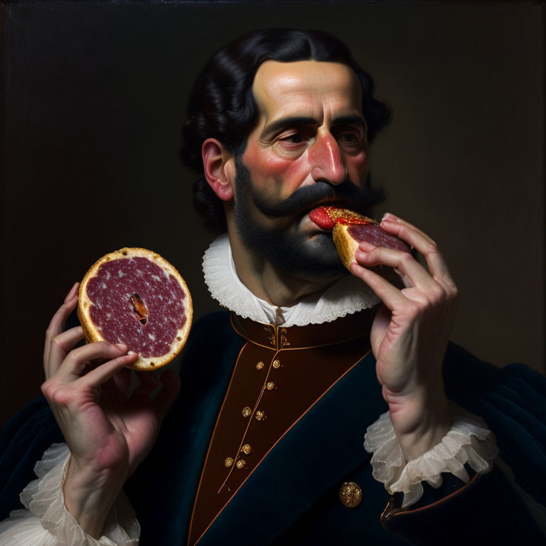 Historical man with ruff collar holding citrus fruit with salami slice mouth