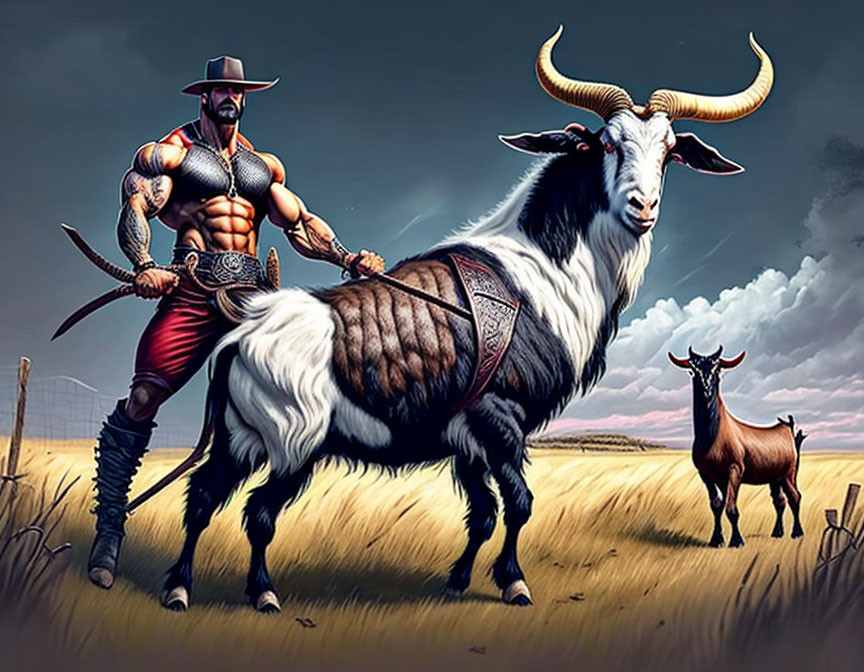 Muscular cowboy with pickaxe beside giant saddled goat under dramatic sky