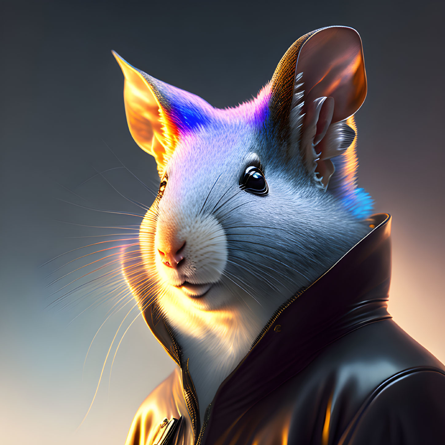 Anthropomorphic rat digital art with realistic face and vibrant blue-purple lighting, in black leather jacket