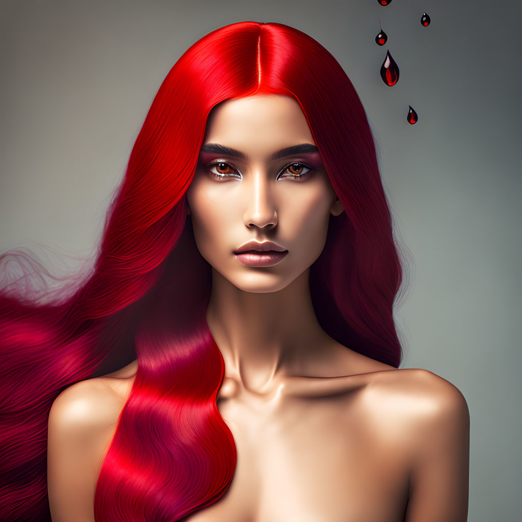 Woman with flowing red hair and intense blue eyes under red droplets.