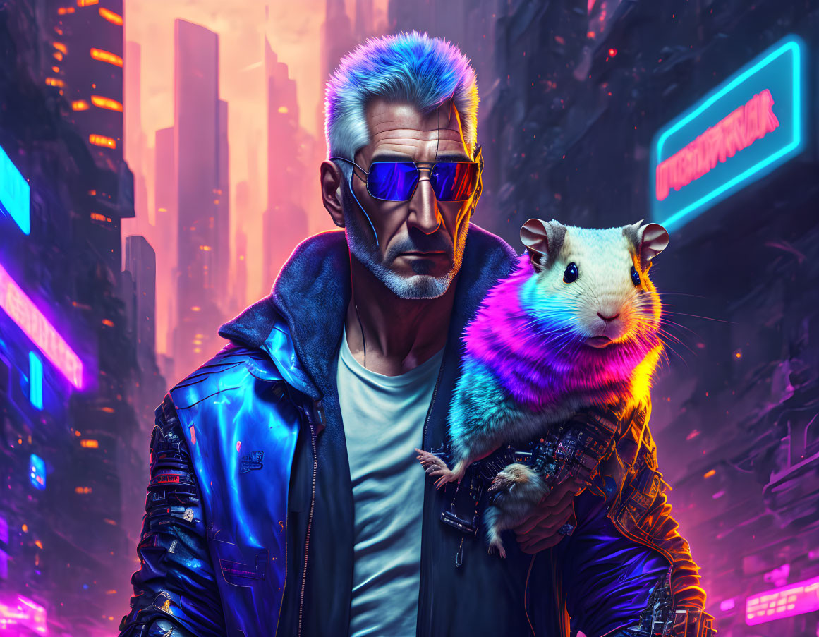 Silver-haired man with sunglasses holding oversized hamster in neon-lit city