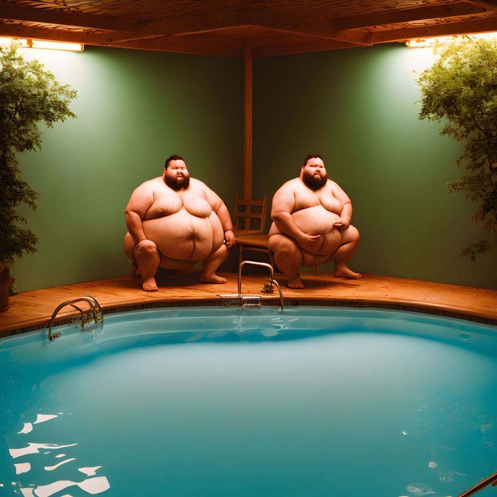 Twin men sitting by night pool with greenery landscape