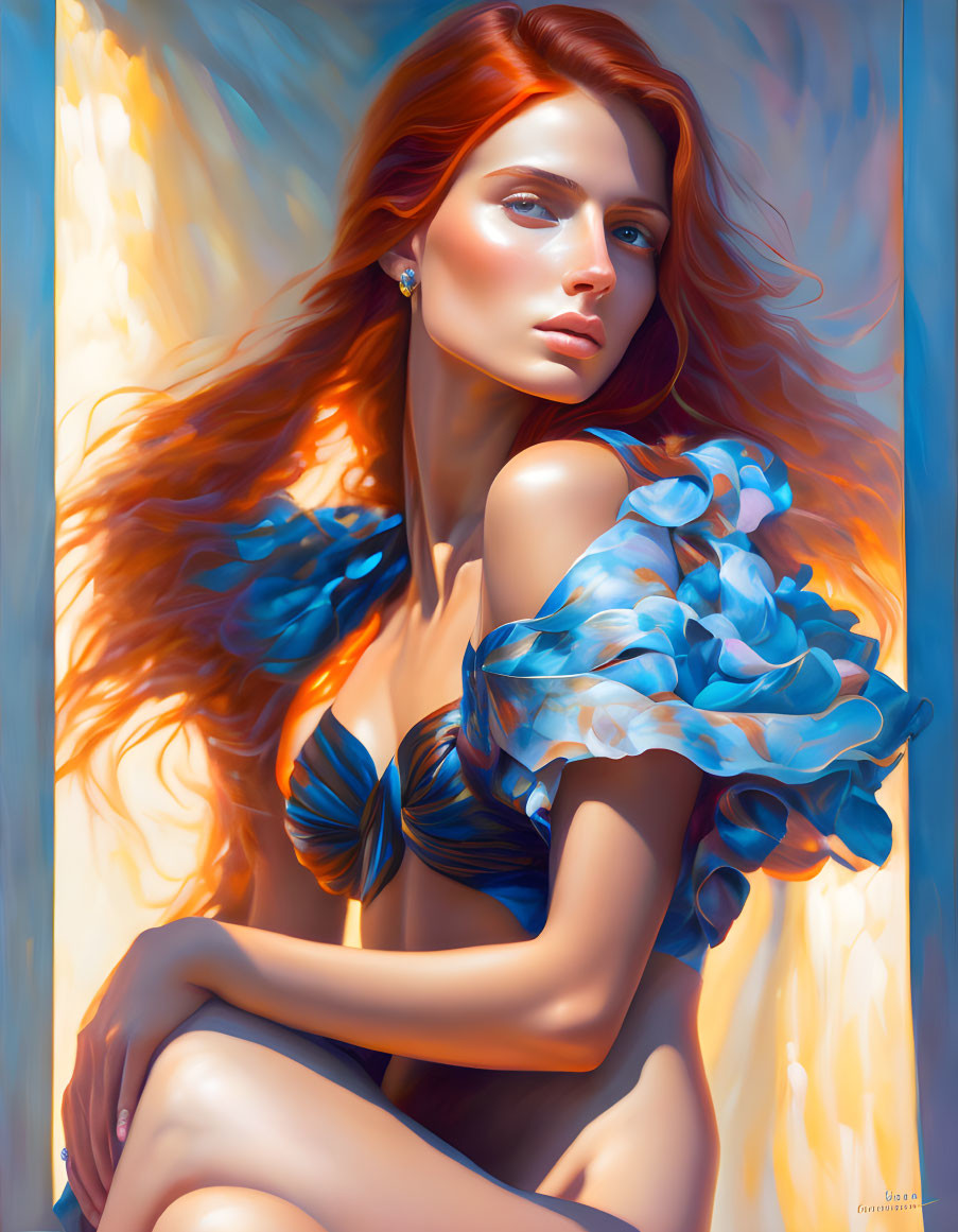 Digital Artwork: Woman with Red Hair and Blue Clothing on Abstract Background