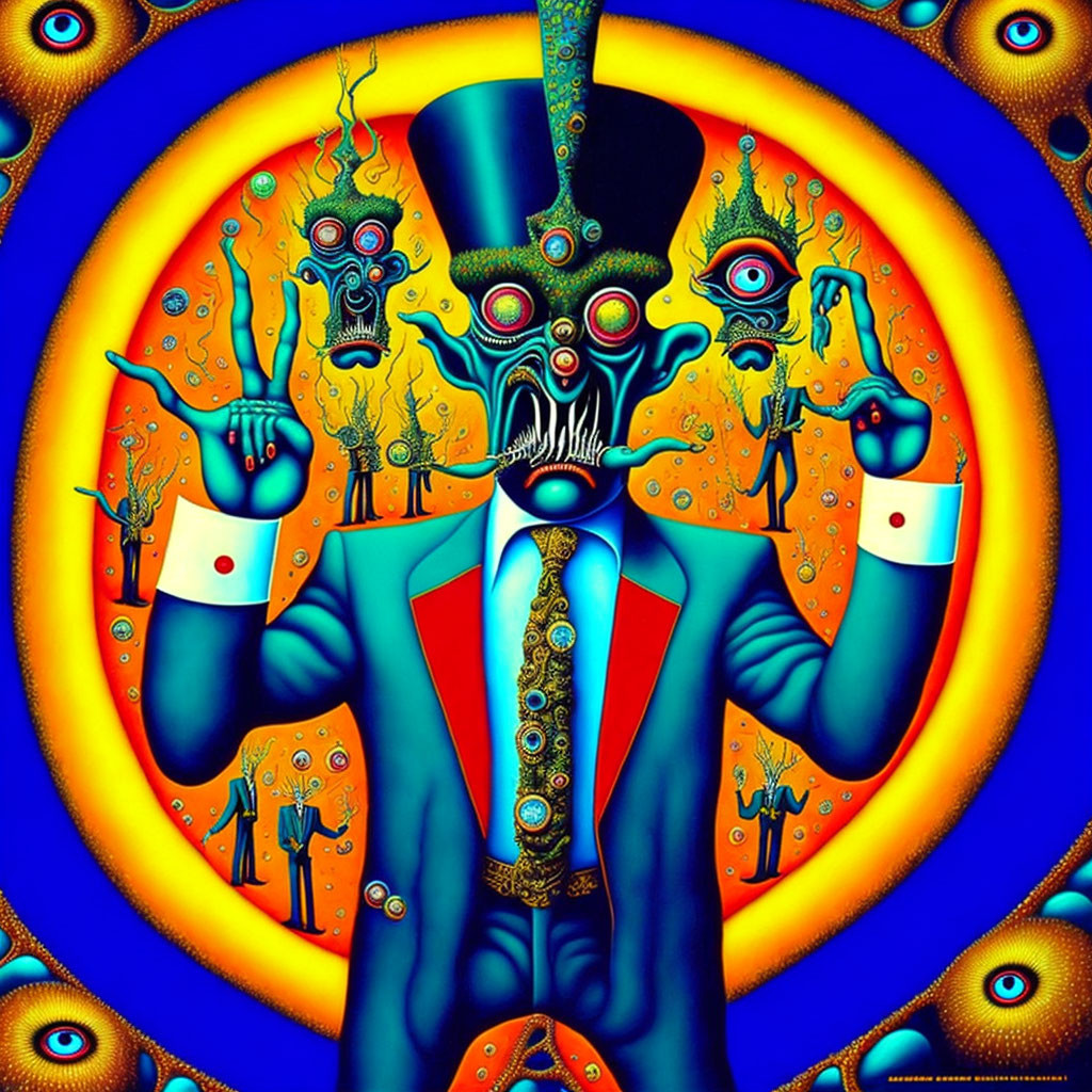 Colorful Psychedelic Illustration of Faceless Figure with Abstract Entities
