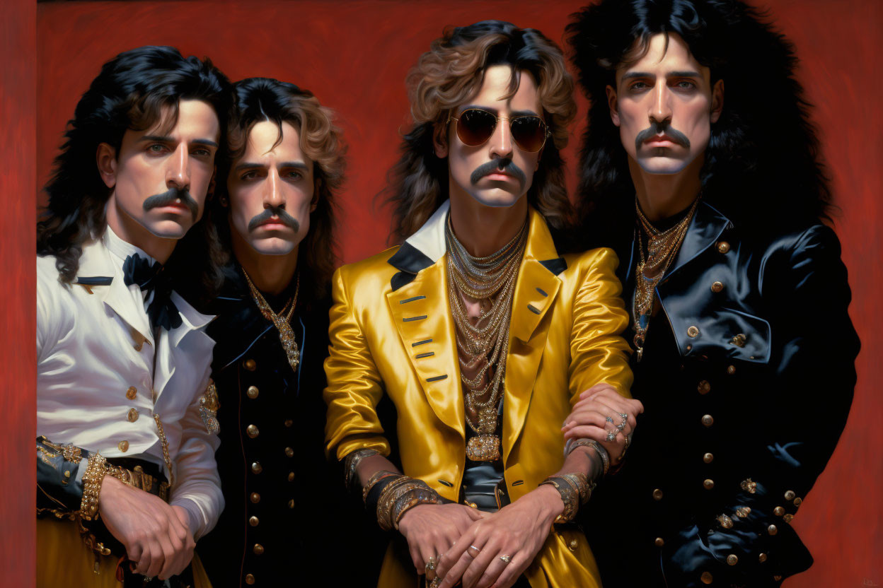 Four men in flamboyant 70s-style outfits with mustaches on red background