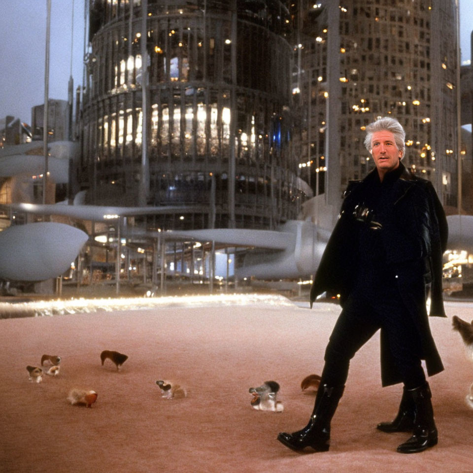 Man in Black Coat Surrounded by Cats on Pink Carpet with Futuristic Cityscape
