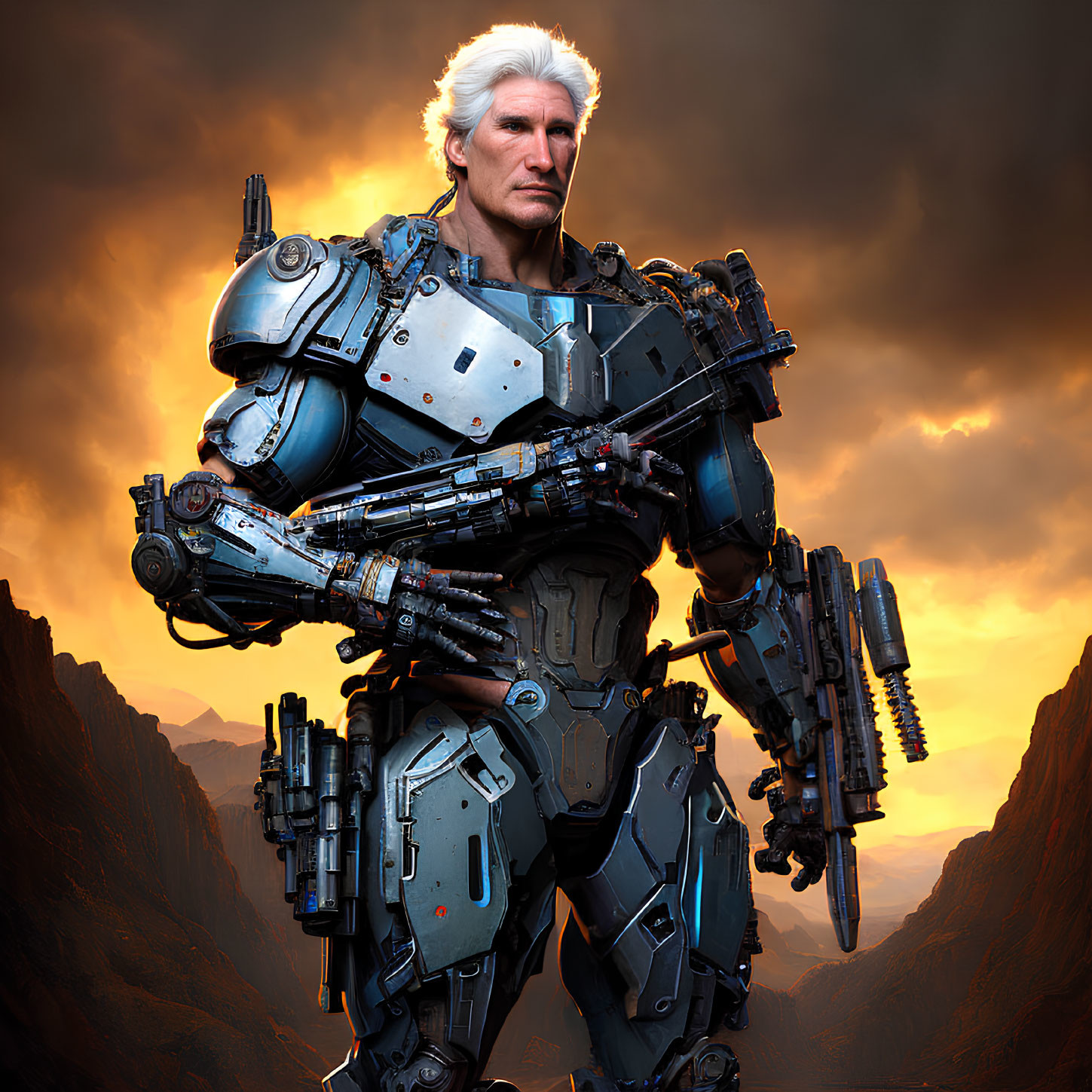 Silver-haired man in advanced robotic exoskeleton at sunset mountains.