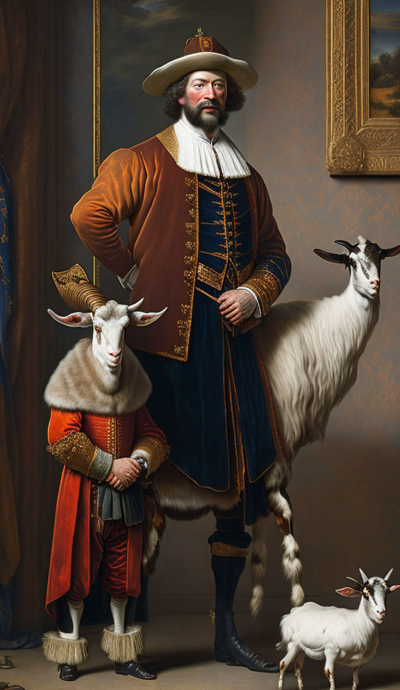 Man in historical attire with three goats in front of painting and drapery.