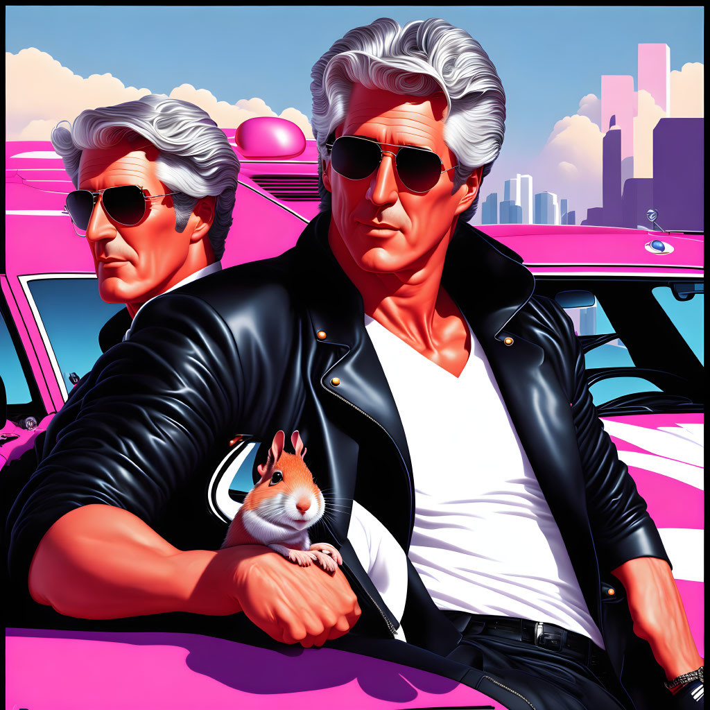 Silver-haired man with sunglasses holding a hamster in urban setting