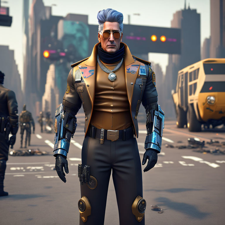 Silver-haired male character with cybernetic arm in futuristic uniform among soldiers in cityscape