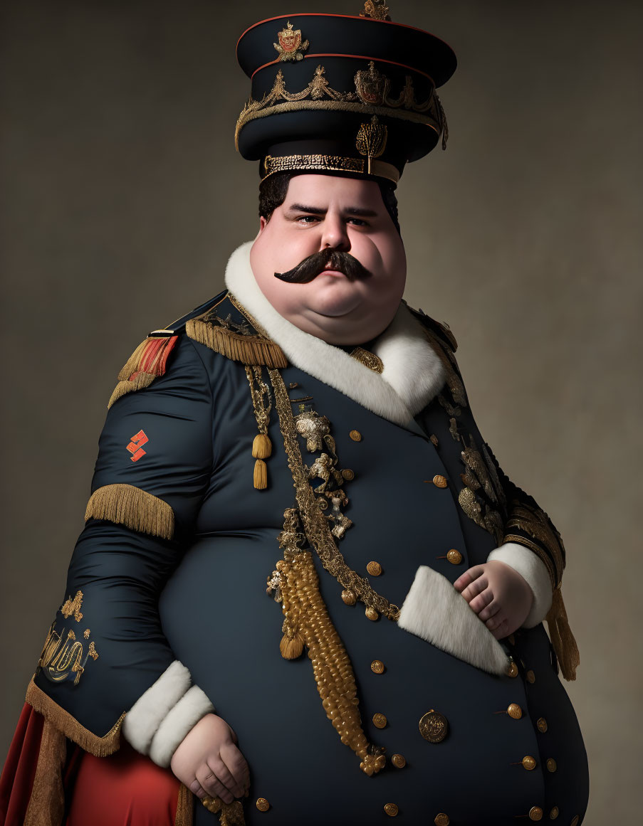 Animated character in historical military uniform with medals and large hat standing confidently