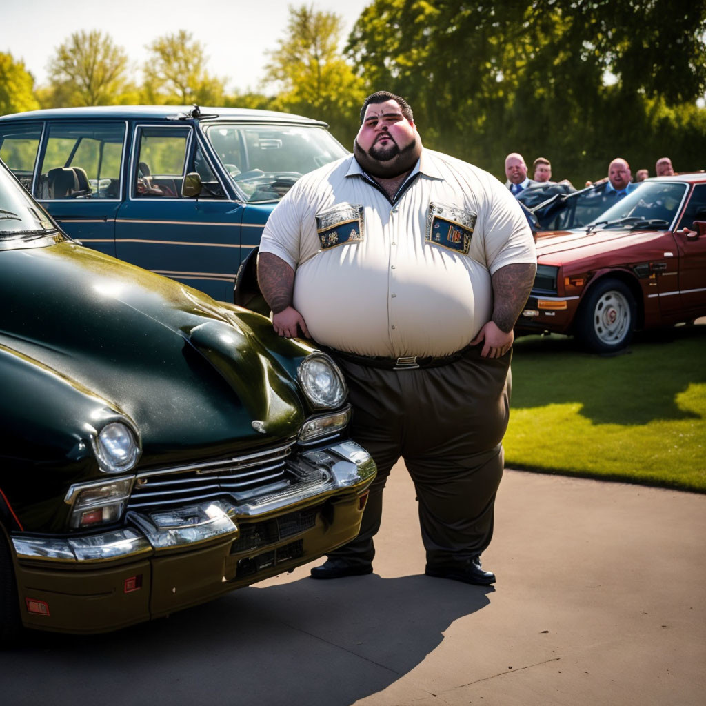 Confident man with unique physique poses by vintage cars on sunny day