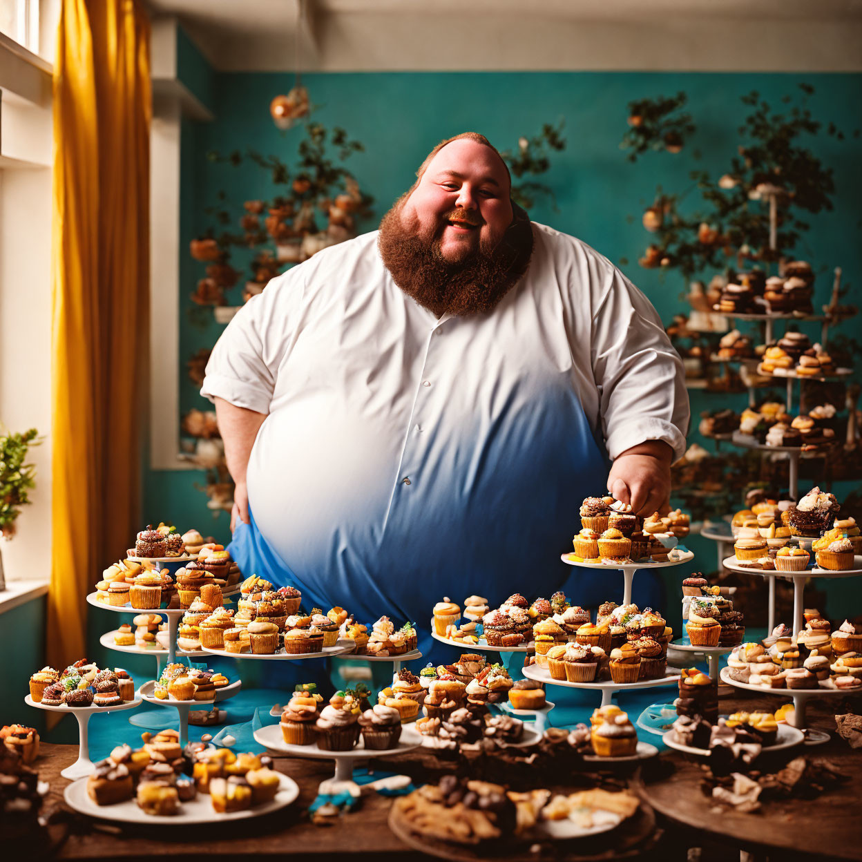 Man surrounded by mini cupcakes on tiered stands in blue room with yellow curtains