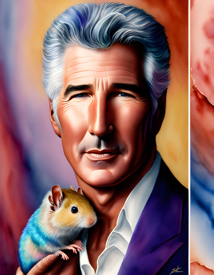 Illustration of distinguished man with silver hair in purple jacket holding cartoonish hamster