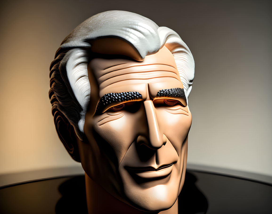 Stylized 3D illustration of masculine figure with prominent cheekbones and white swept-back hair
