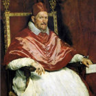 Surreal portrait of man in historical attire with guinea pig head sitting in ornate chair