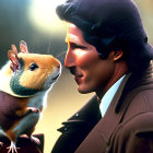 Vintage man in hat and coat meets colorful rodent in soft background