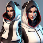 Digital artwork: Female character with green eyes, white hoodie with red lining, black hair in buns