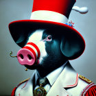 Circus-themed pig in red and white outfit on grey background