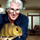 Silver-Haired Man Smiling with Rodents in Domestic Scene