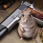 Guinea pigs beside detailed silver and black handgun on wood surface
