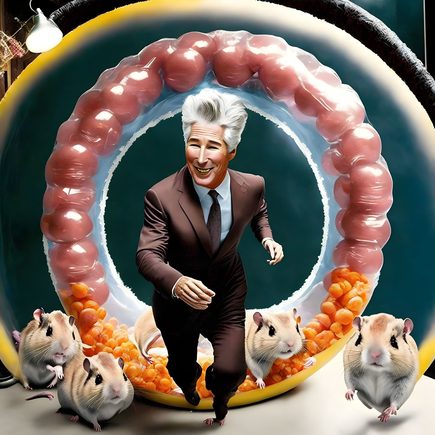 Silver-Haired Man in Brown Suit Surrounded by Oversized Food and Rodents