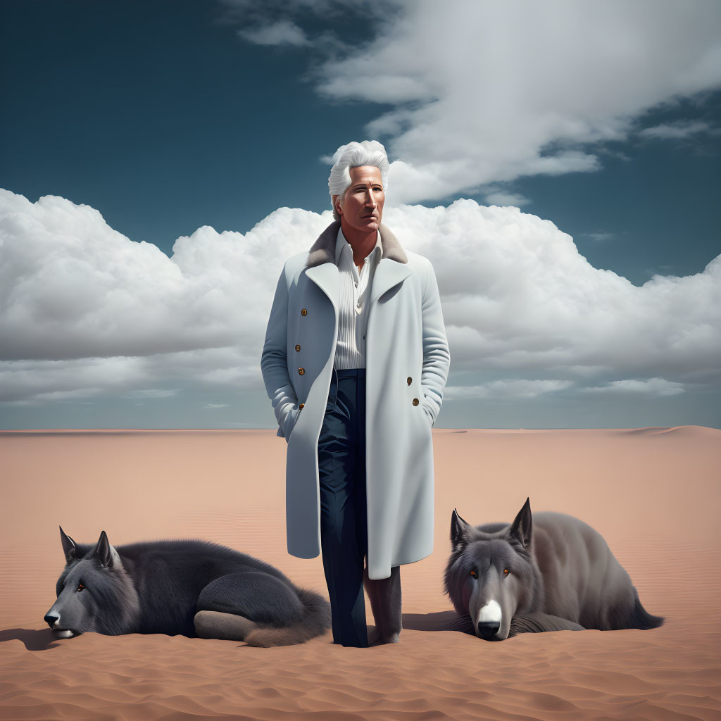 Silver-haired man in desert with wolves under cloudy sky