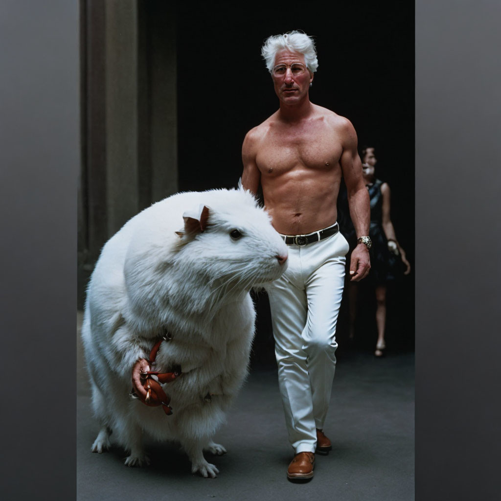 White-haired man with sunglasses walks beside giant rodent in contrasted corridor