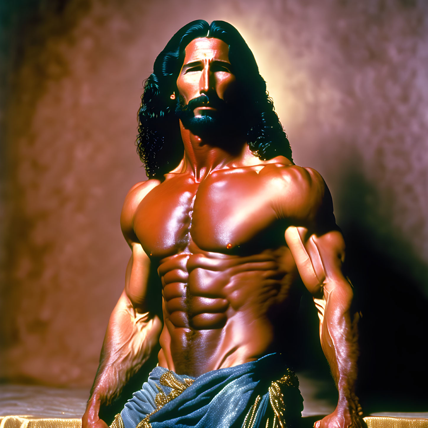 Muscular Figure with Long Hair Displaying Sculpted Physique in Warm Lighting