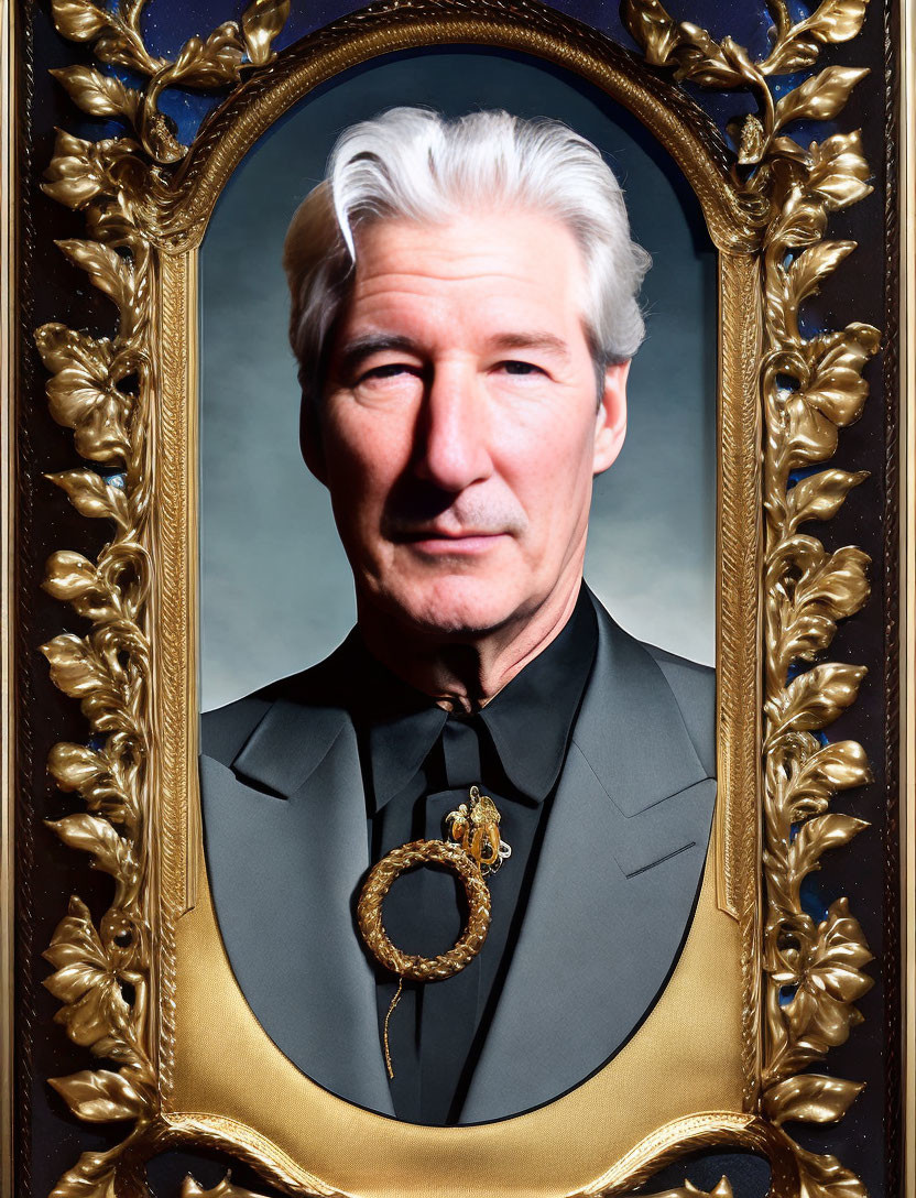 Portrait of Man with White Hair in Black Suit & Golden Frame with Decorative Key