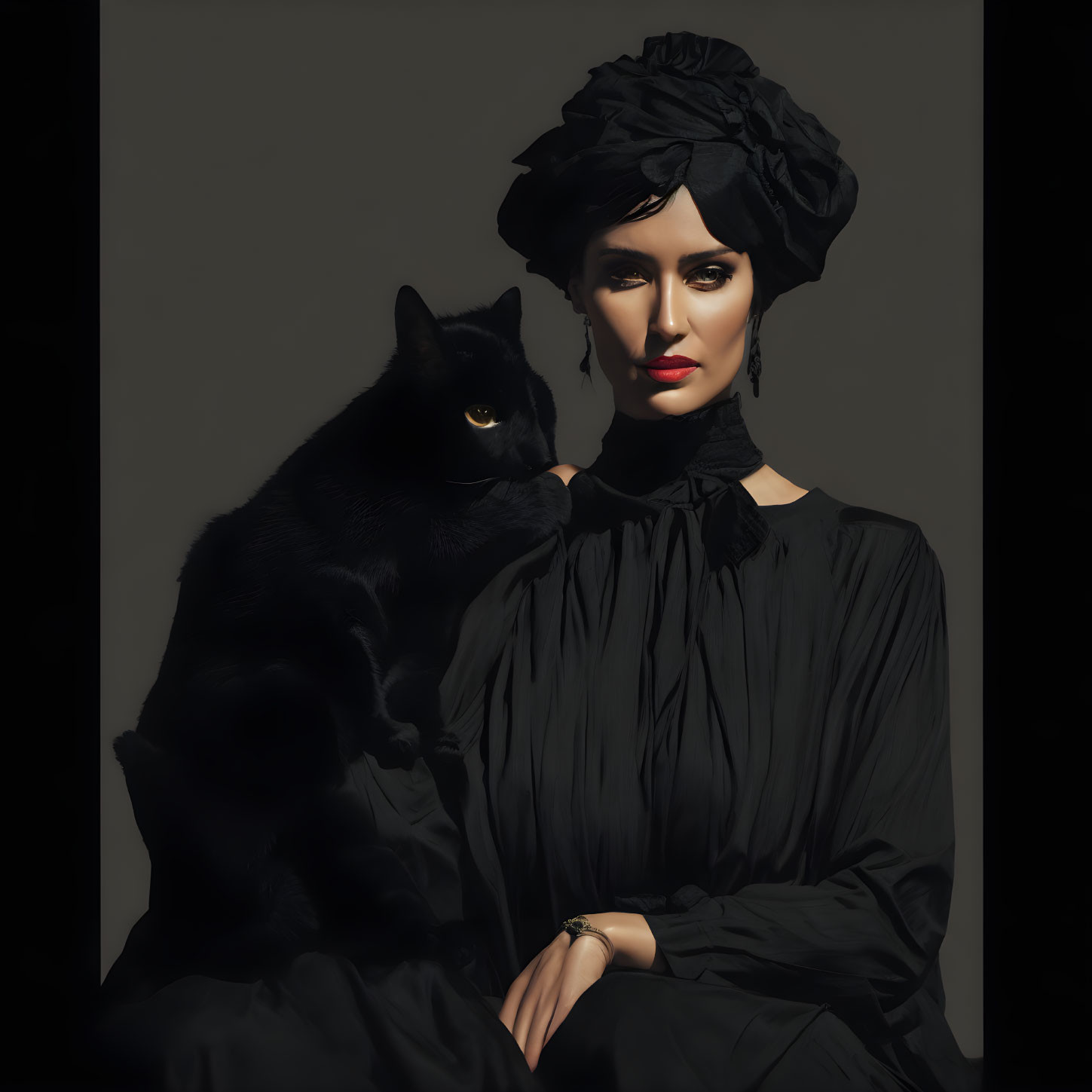 Woman in black turban and dress holding black cat on dark background