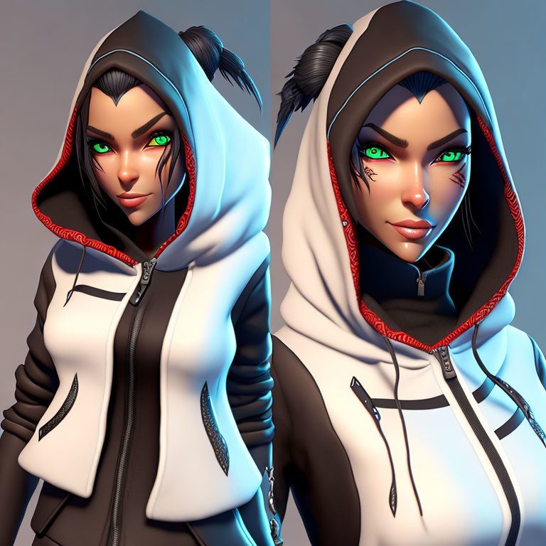 Digital artwork: Female character with green eyes, white hoodie with red lining, black hair in buns
