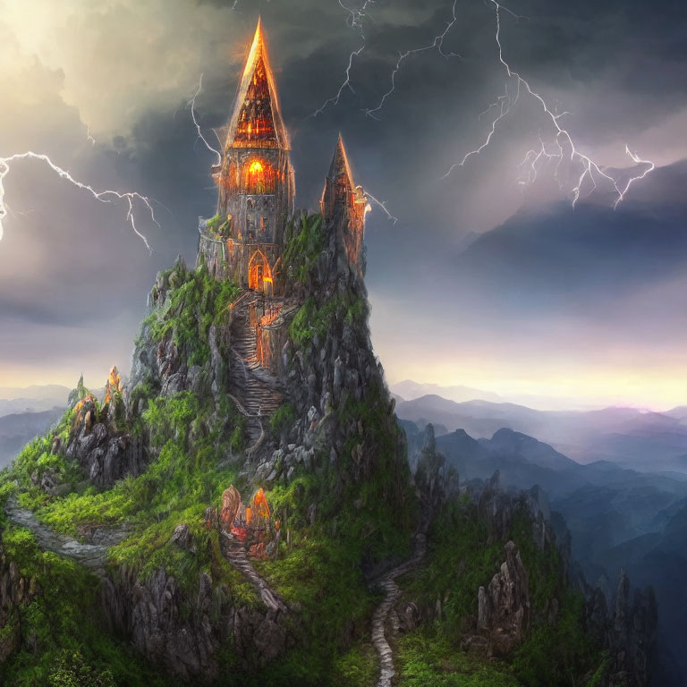 Castle on craggy peak under lightning with mystical pathway
