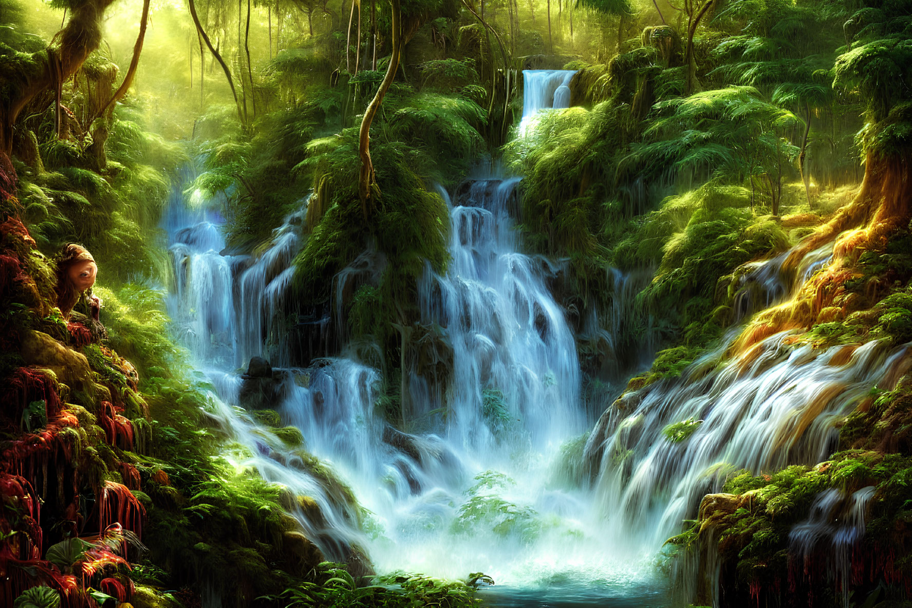 Green forest with sunlight, waterfall, moss & foliage