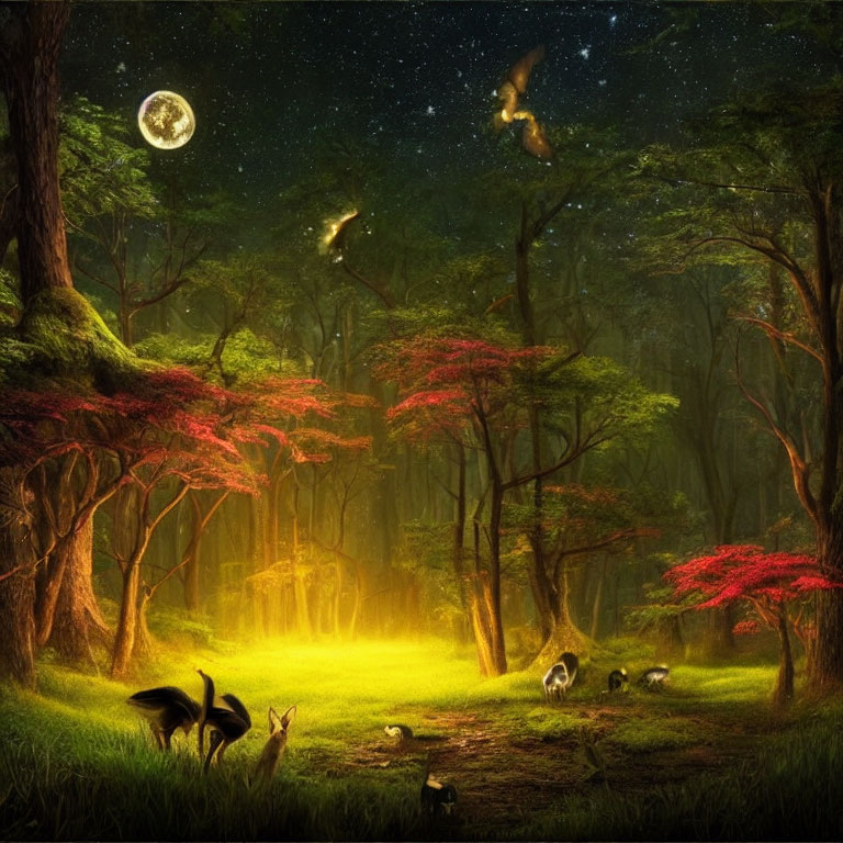 Moonlit Forest Clearing with Animals, Red Foliage, Fireflies, and Starry Sky