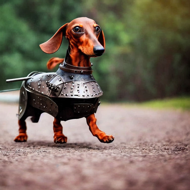 Curious dachshund dog in medieval knight's armor on pathway