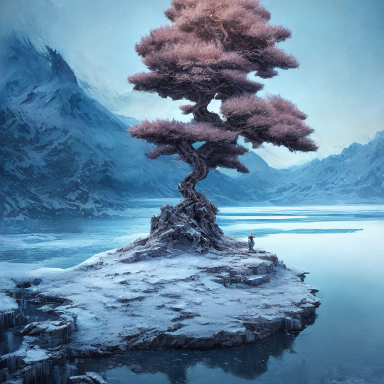 Person near pink bonsai tree on snow-covered islet in frozen lake with icy mountains