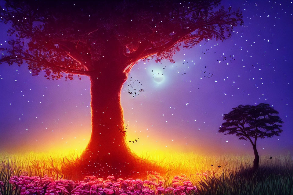 Colorful illustration: magical tree with glowing flowers under starry sky