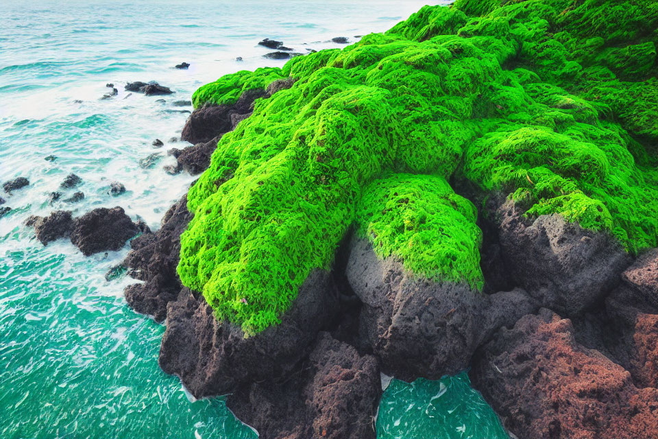 Coastline with Vibrant Green Moss-Covered Rocks