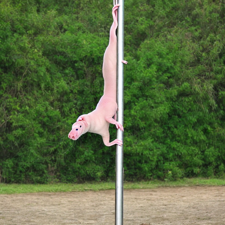 Hairless Pink Cat Clinging to Pole Against Greenery and Sandy Ground